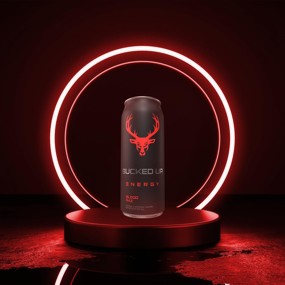 Bucked Up Blood Raz in fridge, chilled can for refreshed focus.