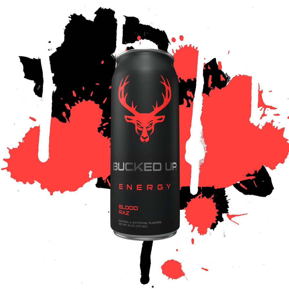 Bucked Up Blood Raz nutrition panel view, caffeine details visible.