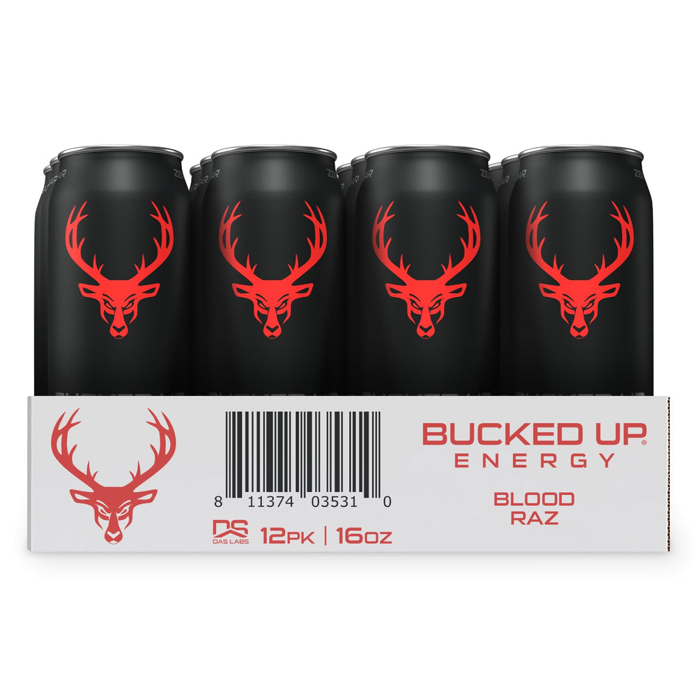 Bucked Up Blood Raz 12-pack display, convenient bulk option for offices.