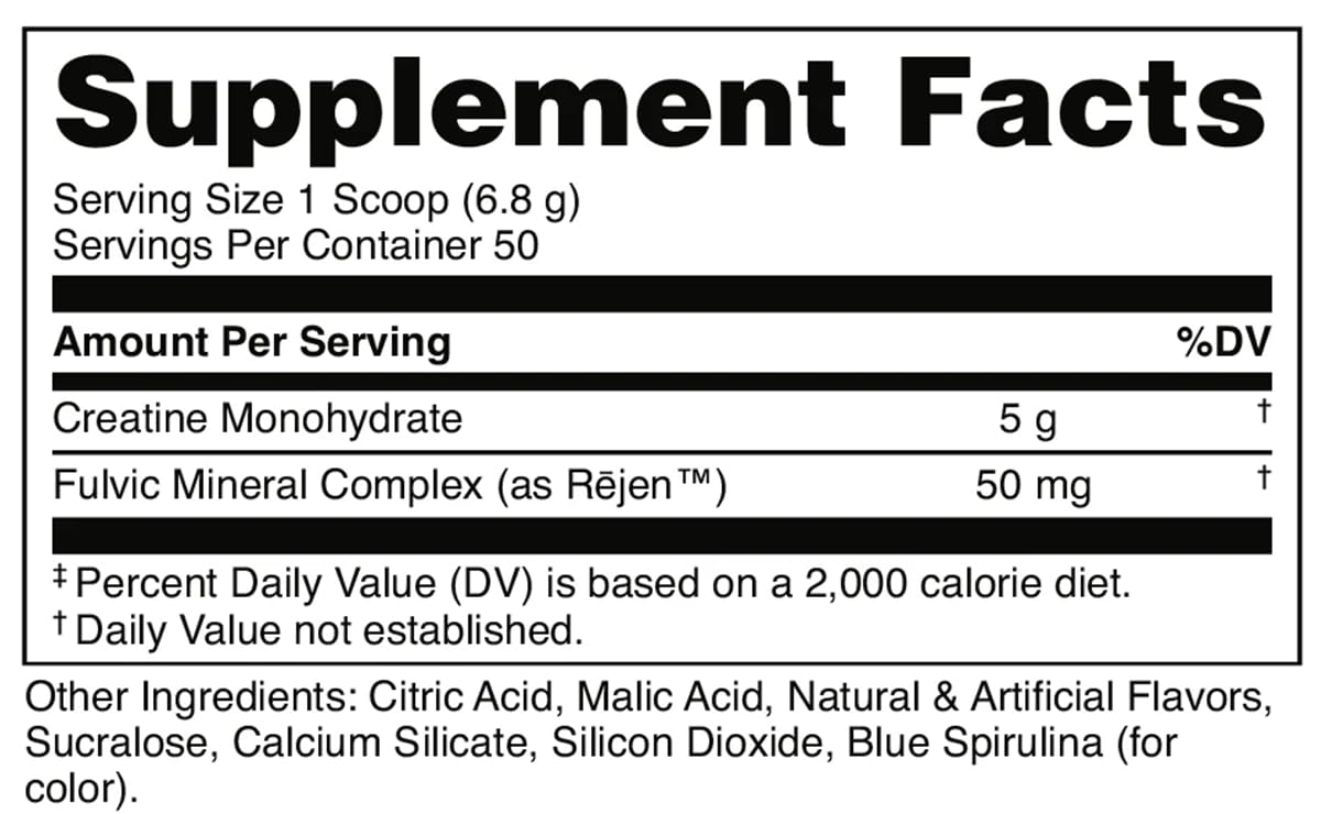 Bucked Up blue raspberry creatine pour shows fast-dissolving, smooth texture.