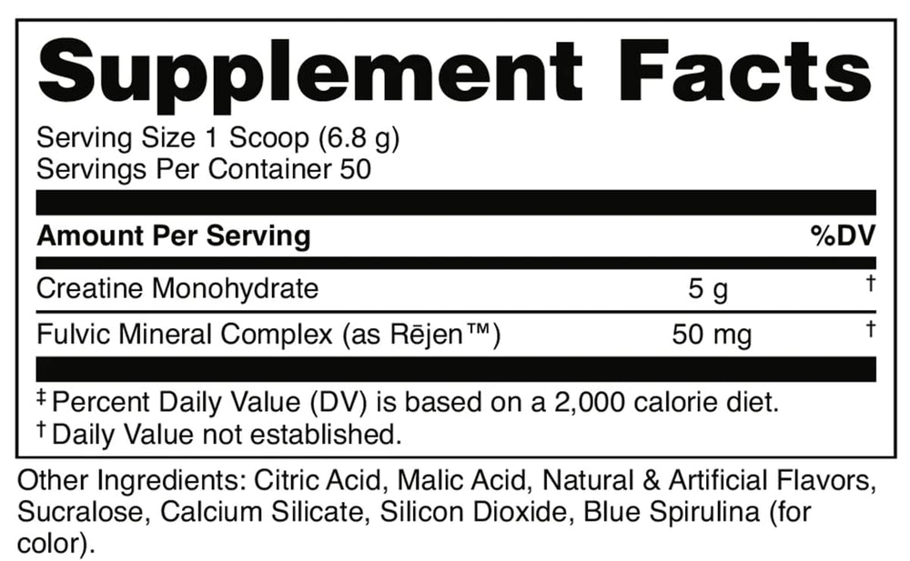 Bucked Up blue raspberry creatine pour shows fast-dissolving, smooth texture.