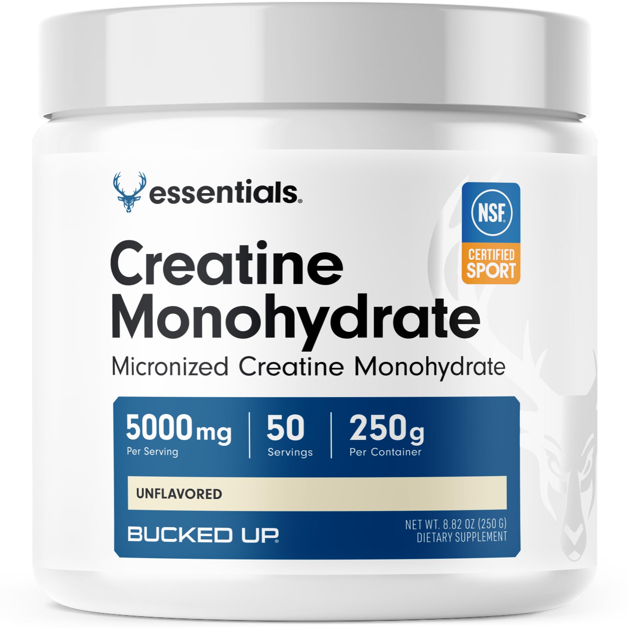 Bucked Up creatine powder bottle, unflavored, easy mixing for workouts.