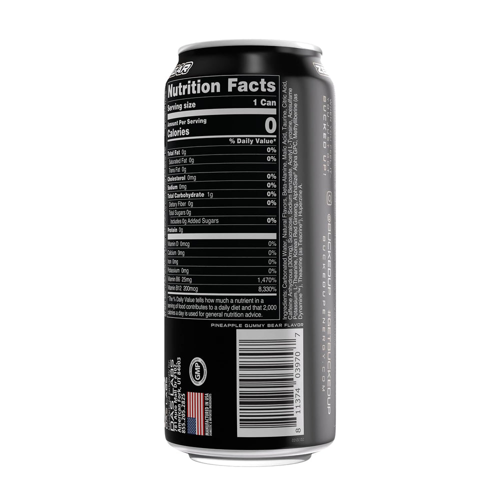 Bucked Up 300mg can with ingredient icons close-up for long-lasting focus