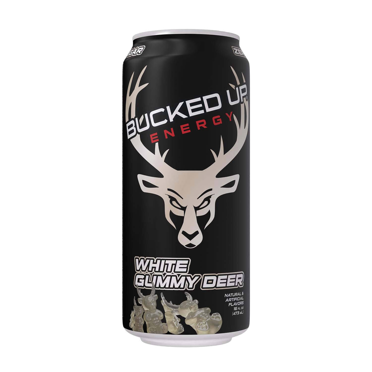 Bucked Up energy drink can label close-up showcasing caffeine content and branding