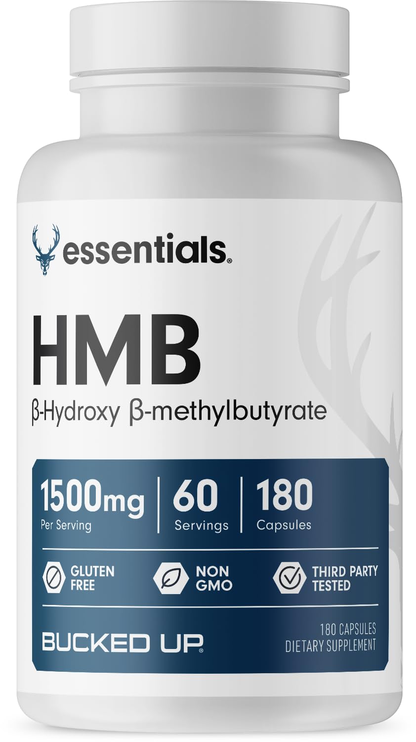 Bucked Up HMB 1500mg bottle close-up for daily supplementation.