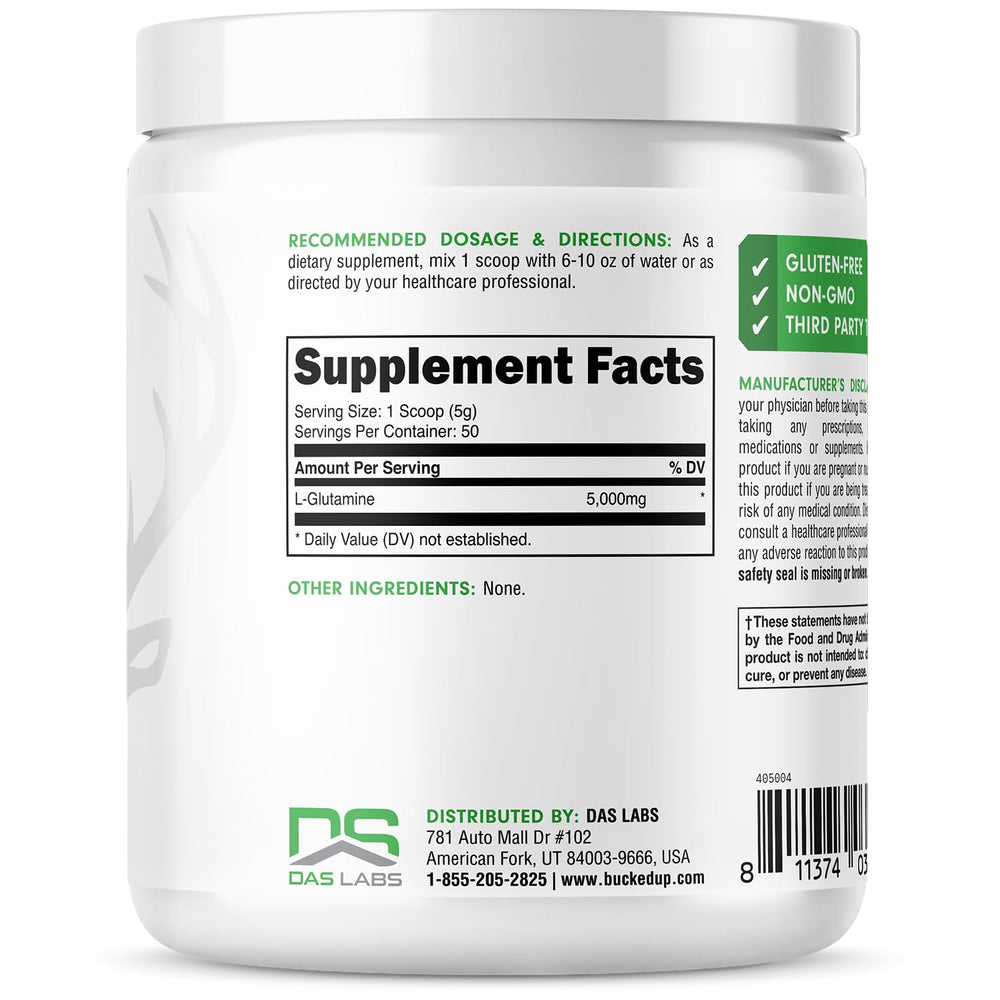 Bucked Up L-Glutamine label highlights gluten-free, non-GMO, tested formula.