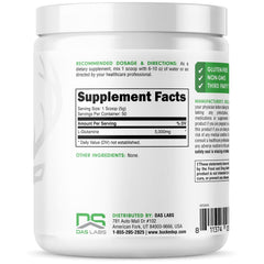 Bucked Up L-Glutamine label highlights gluten-free, non-GMO, tested formula.