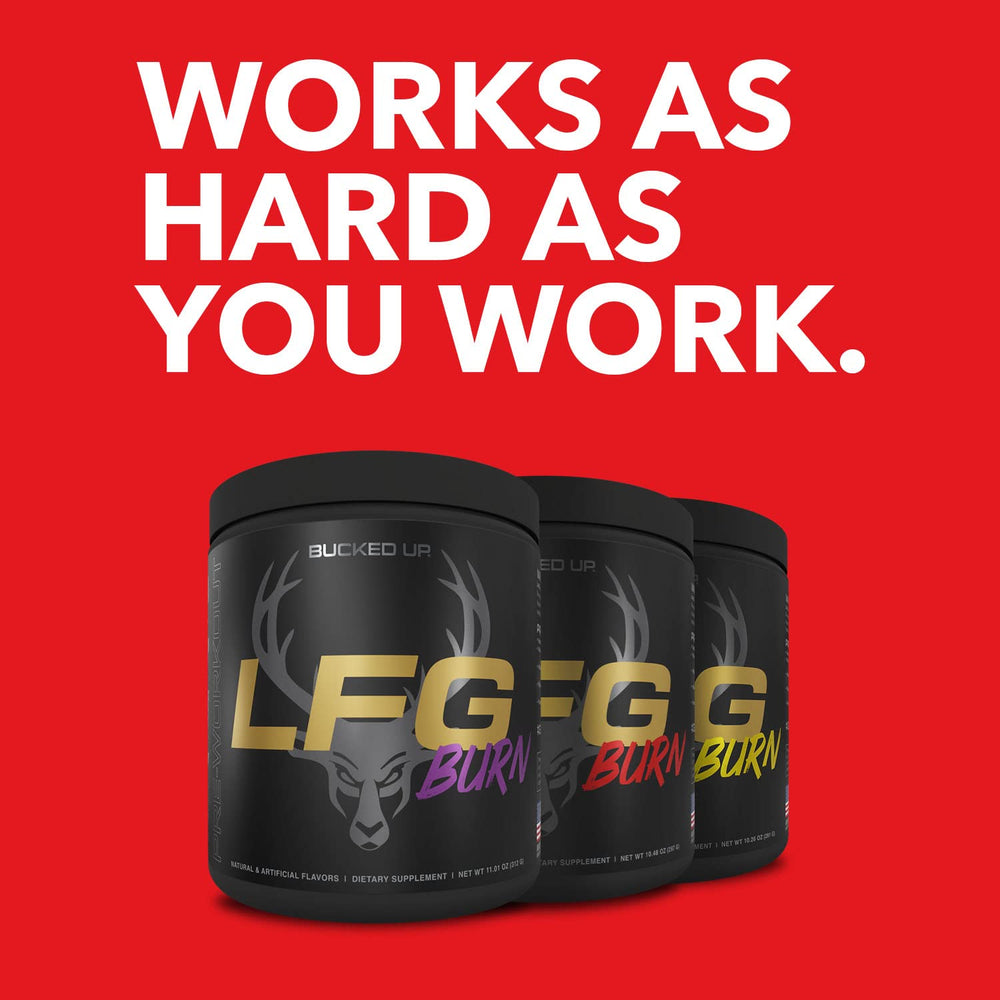 Bucked Up LFG bottle with Berry powder beside a shaker for pre-workout routine.