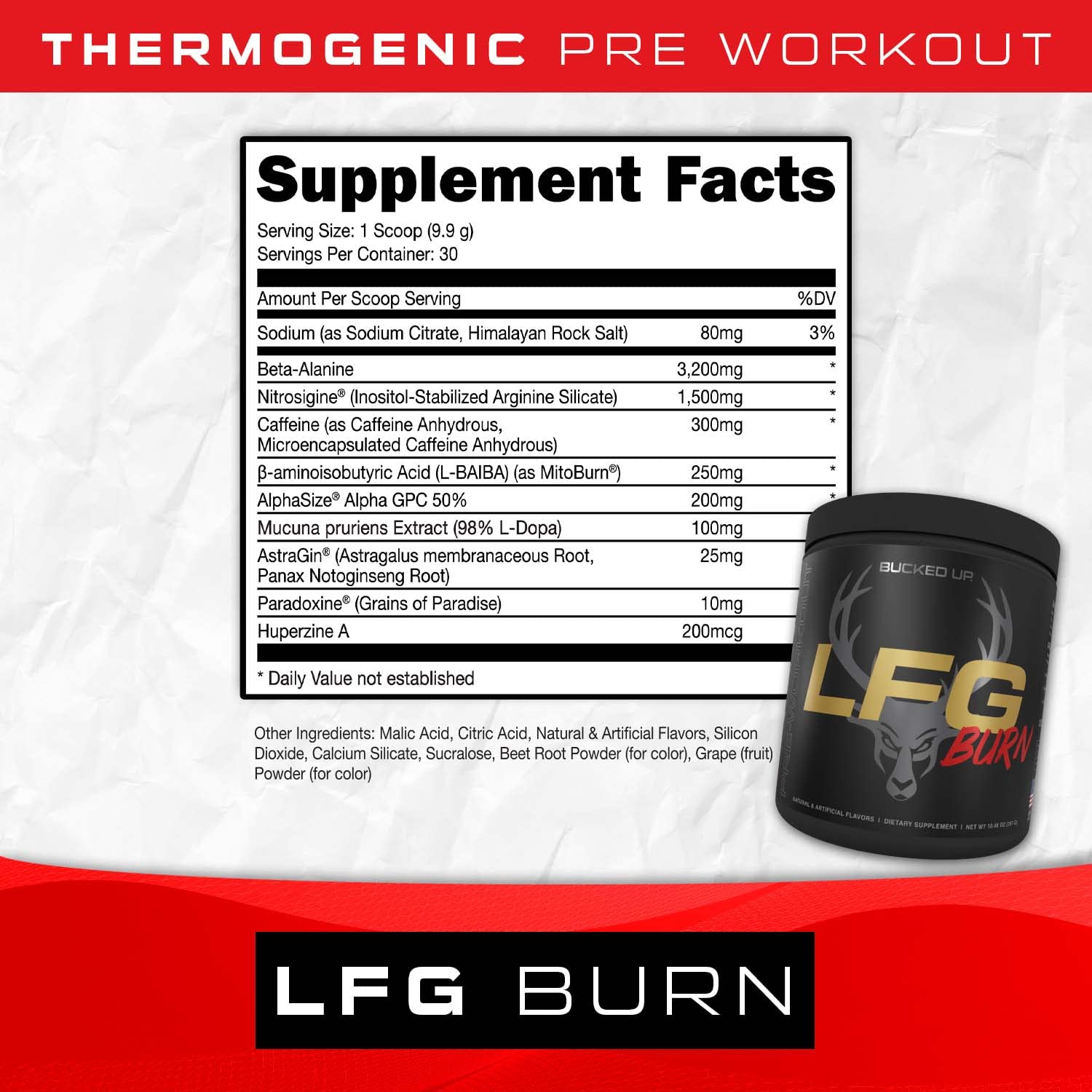 Bucked Up LFG label on Berry tub highlighting ingredients for focused workouts.