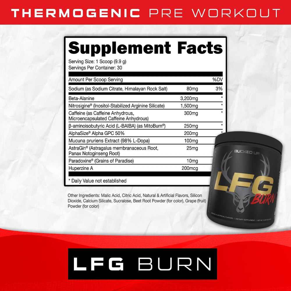 Bucked Up LFG label on Berry tub highlighting ingredients for focused workouts.
