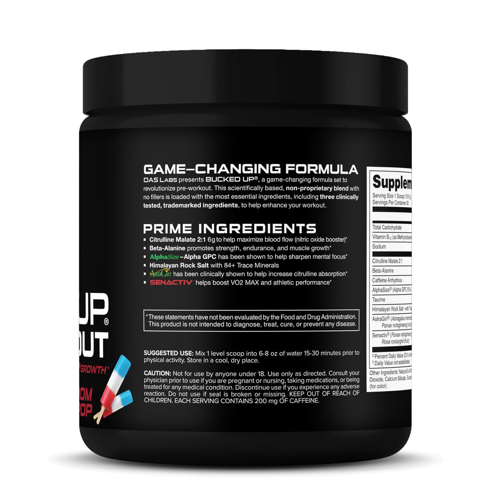 Bucked Up pre-workout flavor visual showcases keto-friendly, sugar-free profile