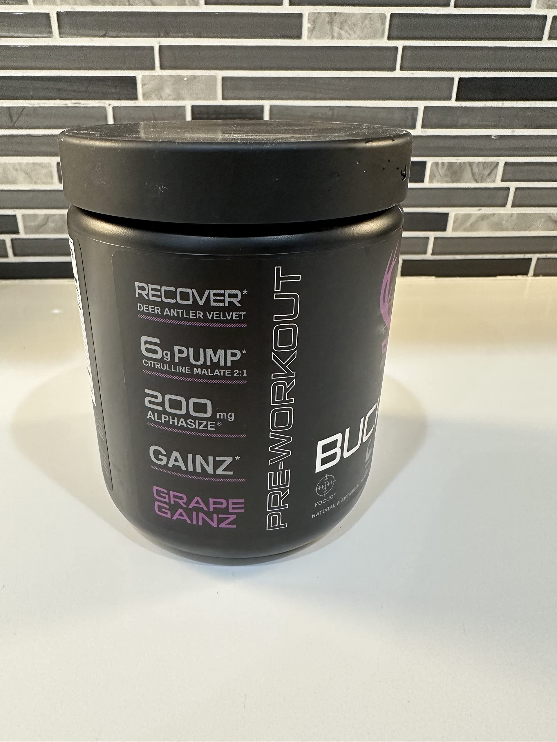 Bucked Up Pre Workout grape label close-up showing ingredients.