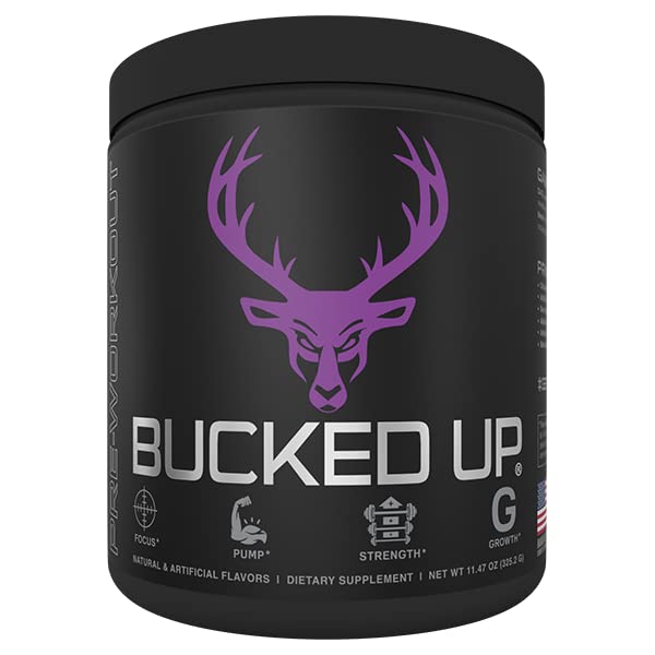 Bucked Up Pre Workout grape powder close-up highlighting texture.