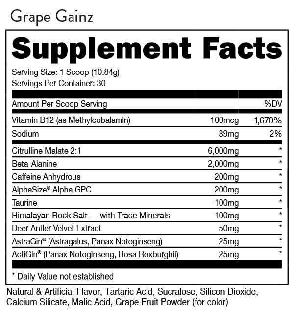 Bucked Up Pre Workout grape tub on kitchen shelf for daily use.