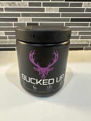 Bucked Up Pre Workout grape tub with vibrant label and flavor emphasis.