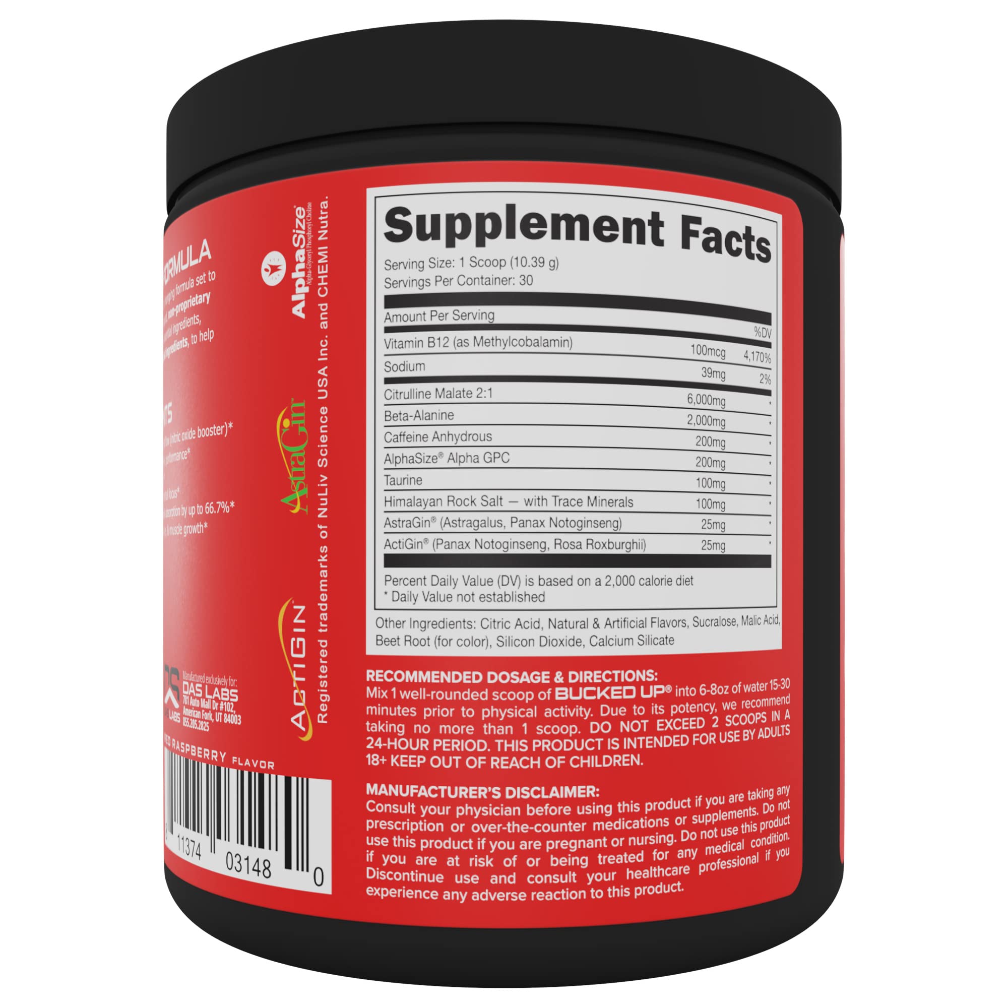 Scoop from Bucked Up Red Raz pre-workout shown pouring for quick mix and focus potential