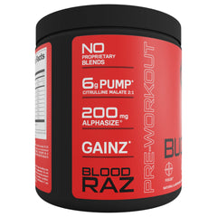 Ingredient list card from Bucked Up Red Raz featuring Beta Alanine and Citrulline