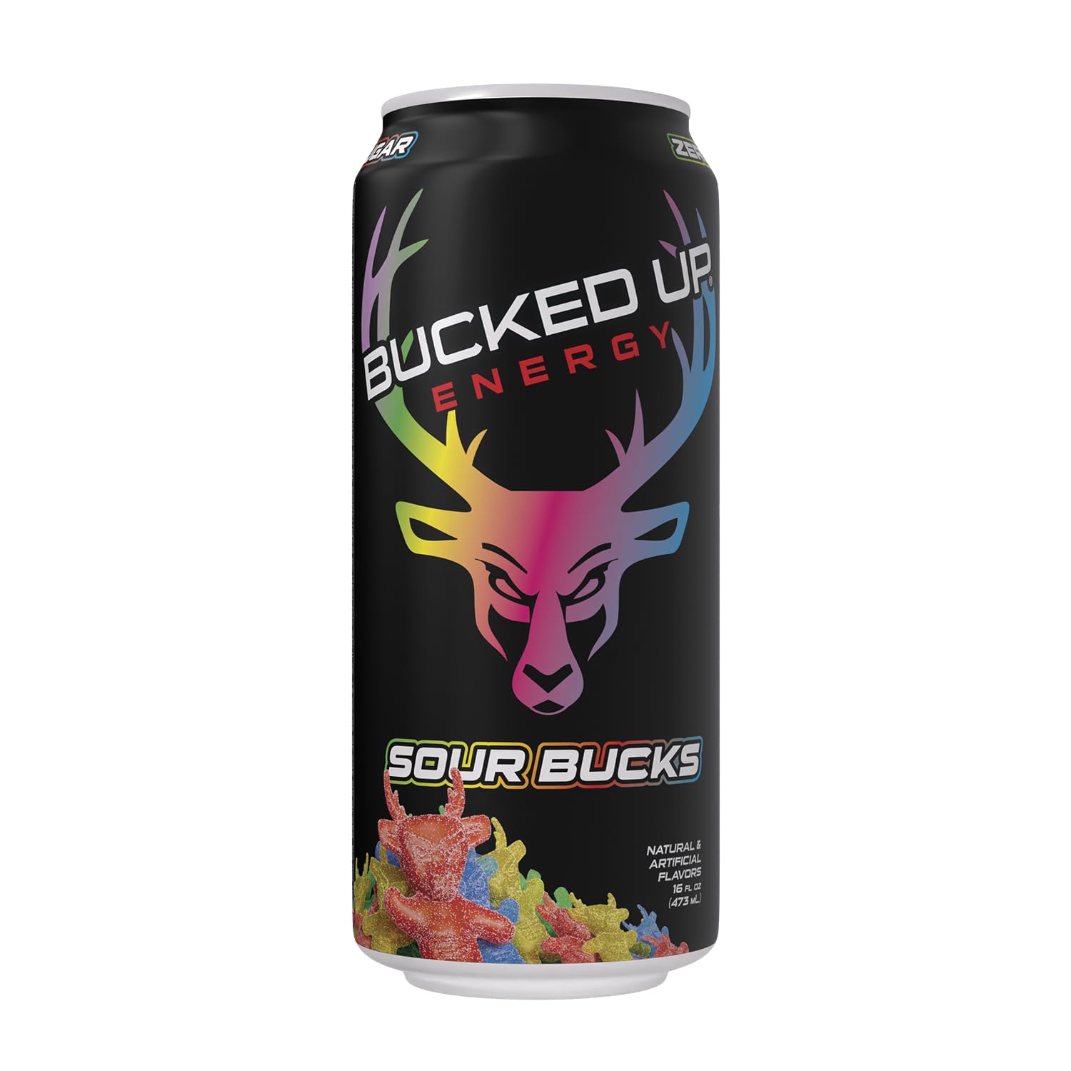 Bucked Up Sour Bucks label closeup showcases bold branding and sugar-free formula.