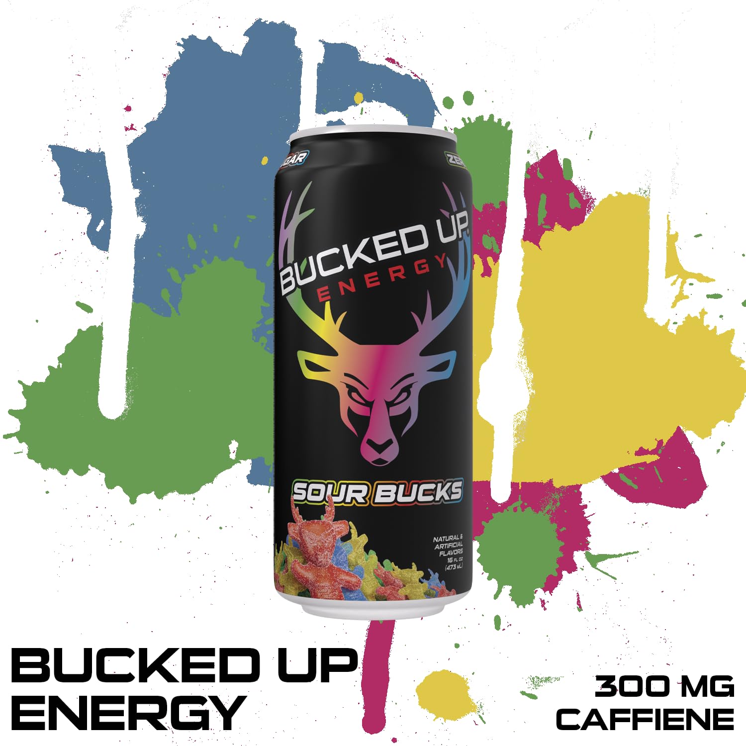 Bucked Up Sour Bucks refreshing-angle shot highlights long-lasting energy.
