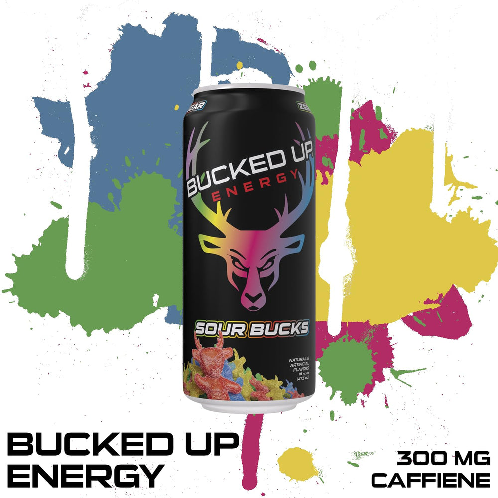 Bucked Up Sour Bucks refreshing-angle shot highlights long-lasting energy.
