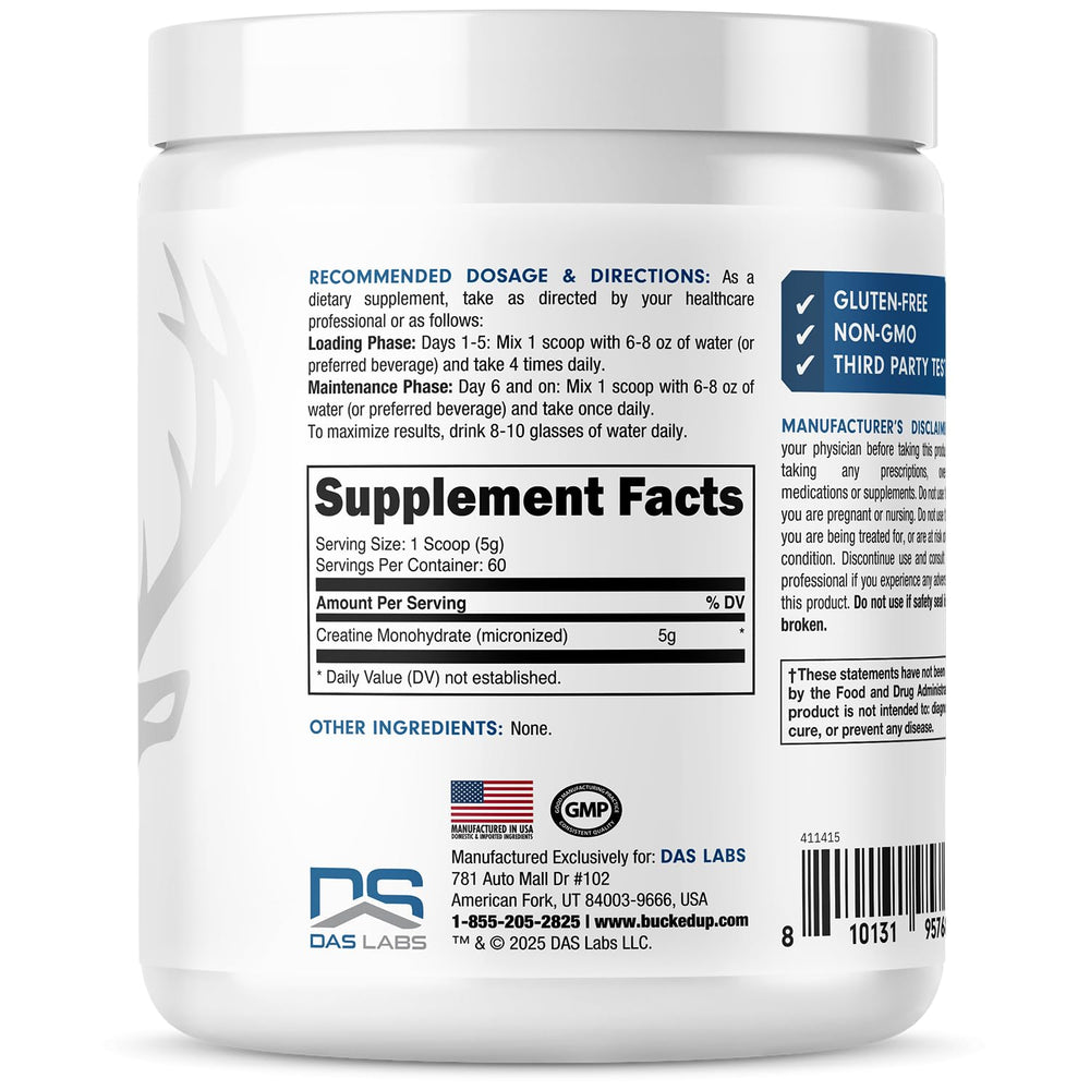 Unflavored Bucked Up creatine ideal for stacking with proteins and pre-workouts.