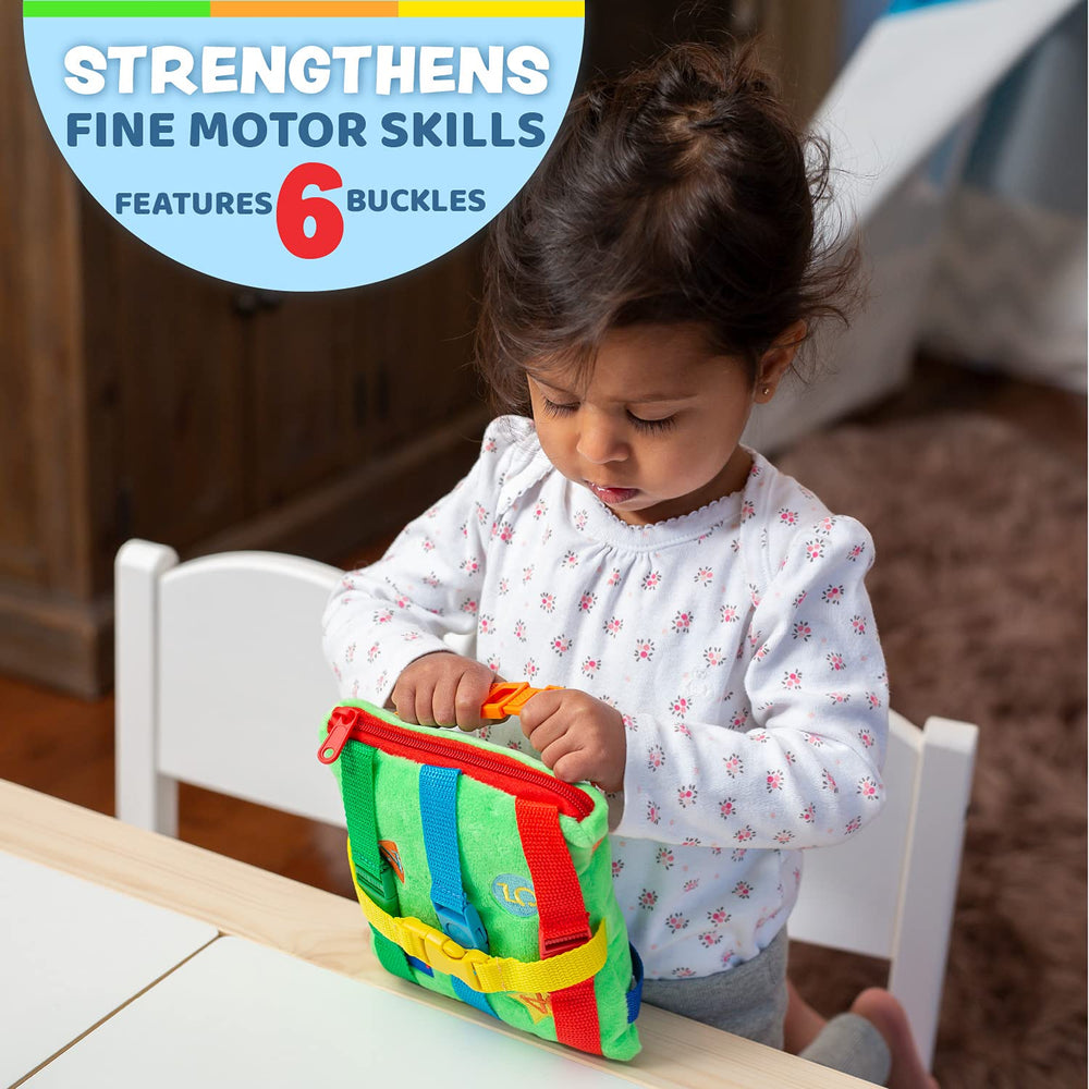 Buckle Toys Buster Square features six colorful buckles to boost fine motor skills.
