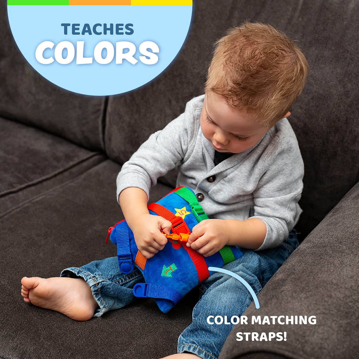 Buckle Toys Boomer Square embroidered numbers and shapes aid early learning.