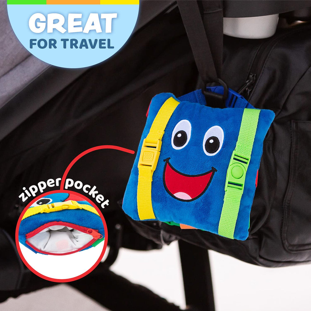 Buckle Toys Boomer Square travel clip-ready design for car or plane trips.
