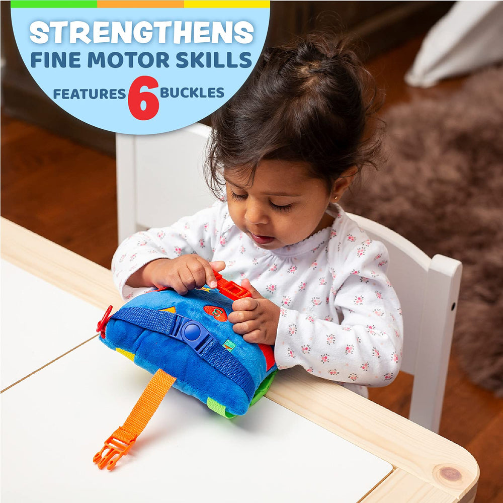Buckle Toys Boomer Square zipper pocket supports fine motor exploration.