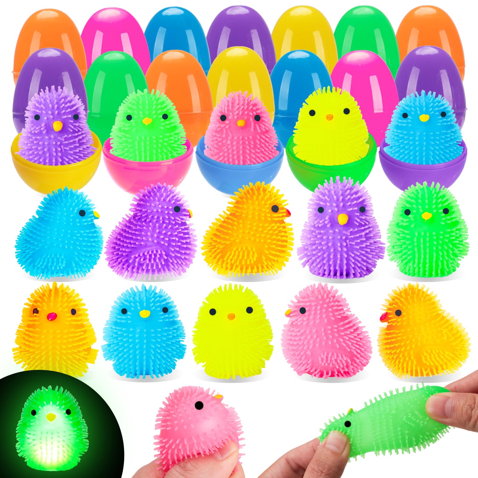 Budbof 24-pack Easter eggs with LED chick puffer balls brighten egg hunts.