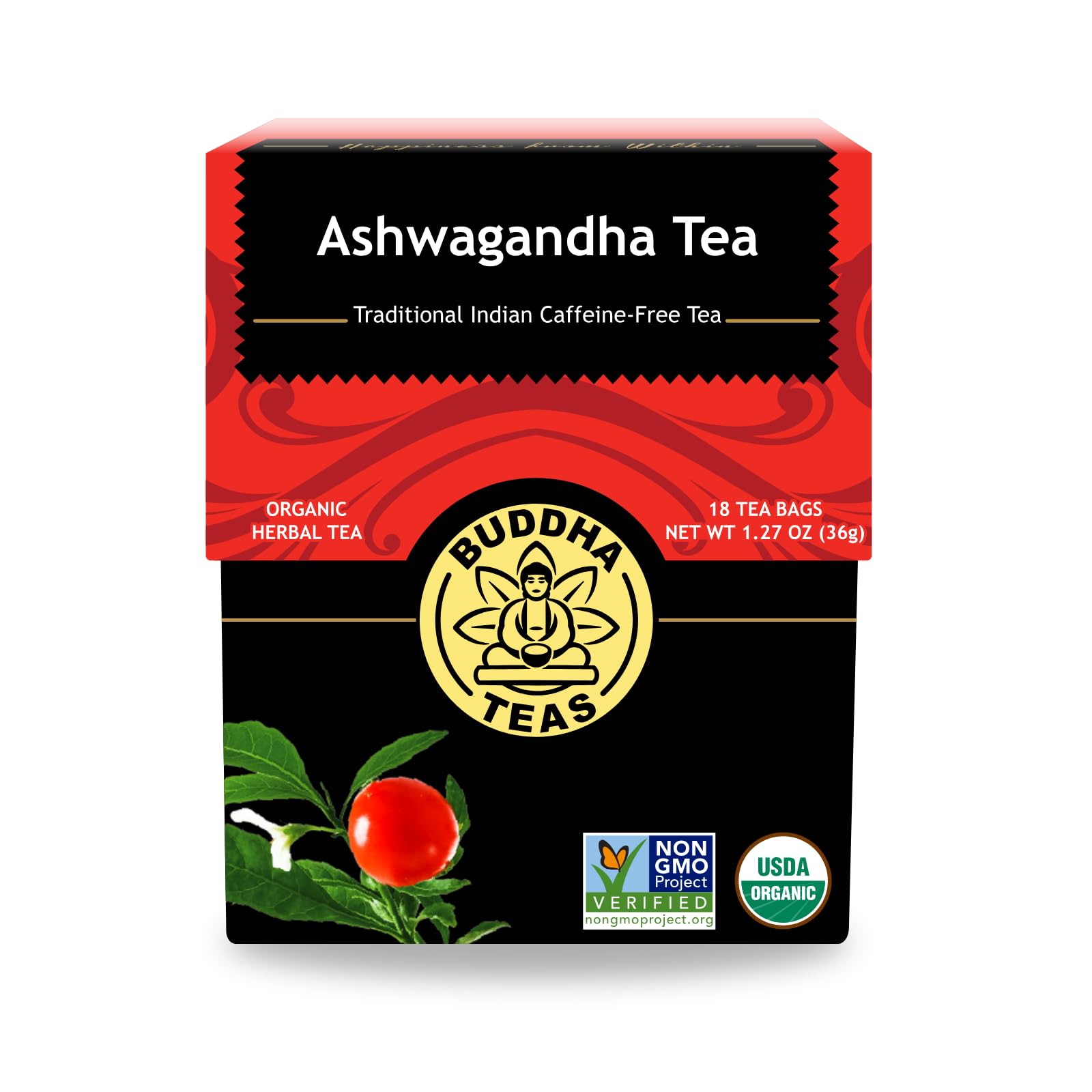 Buddha Teas Ashwagandha tea packaging shows clean ingredients and quality