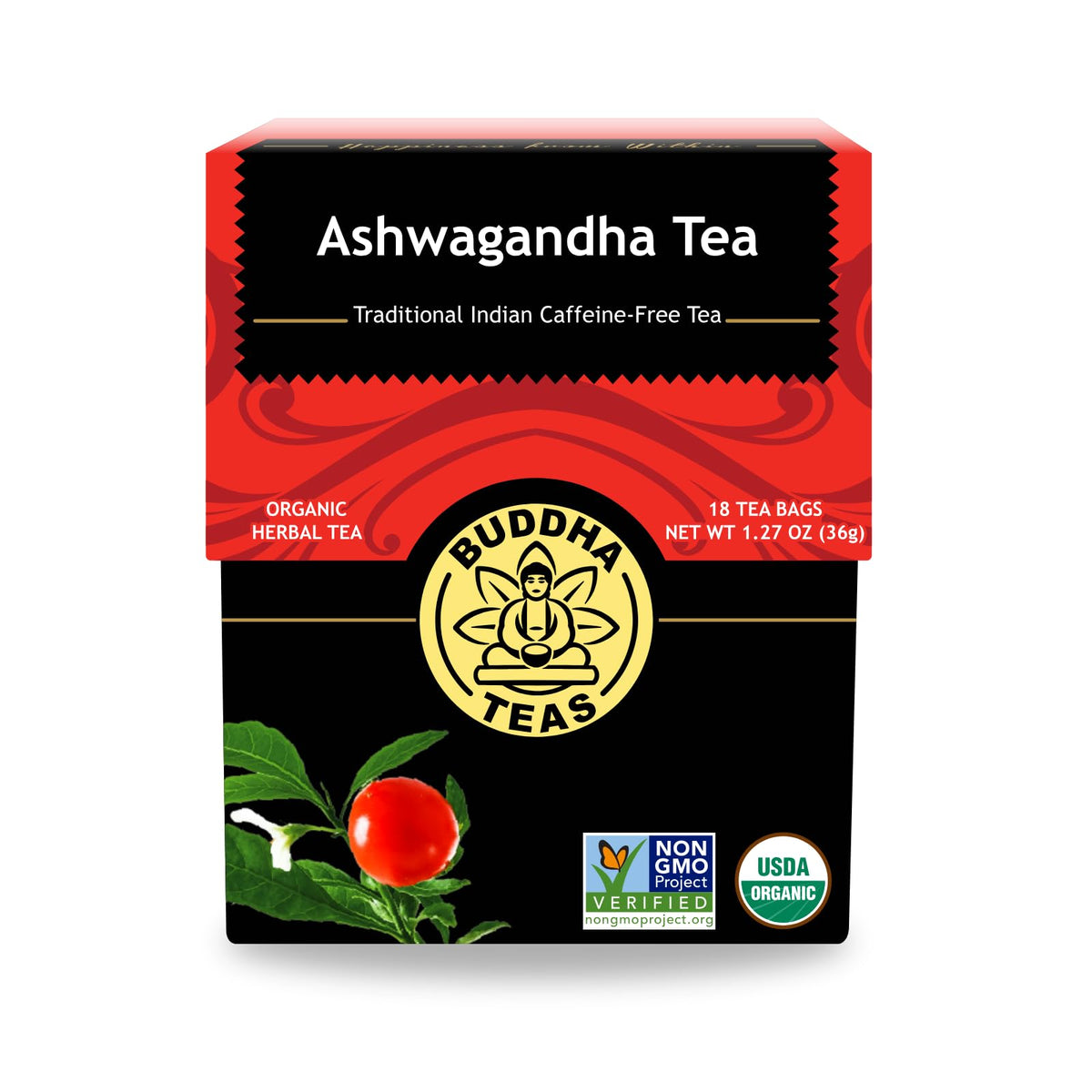 Buddha Teas Ashwagandha tea packaging shows clean ingredients and quality