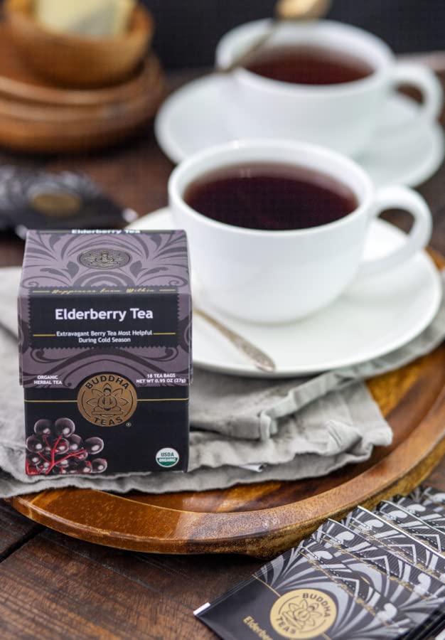 Buddha Teas Elderberry Tea packaging shows an 18-count box and clean ingredients