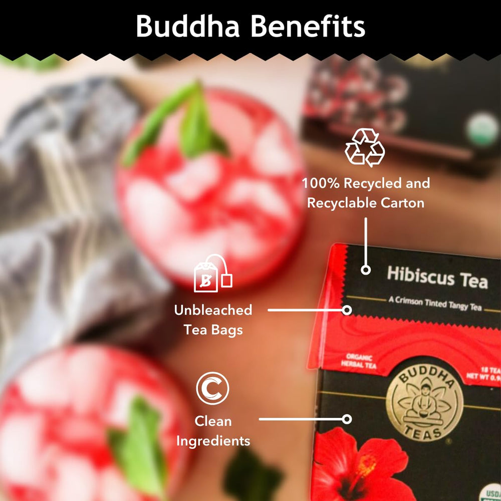 Buddha Teas Hibiscus iced tea poured in a glass with vibrant color