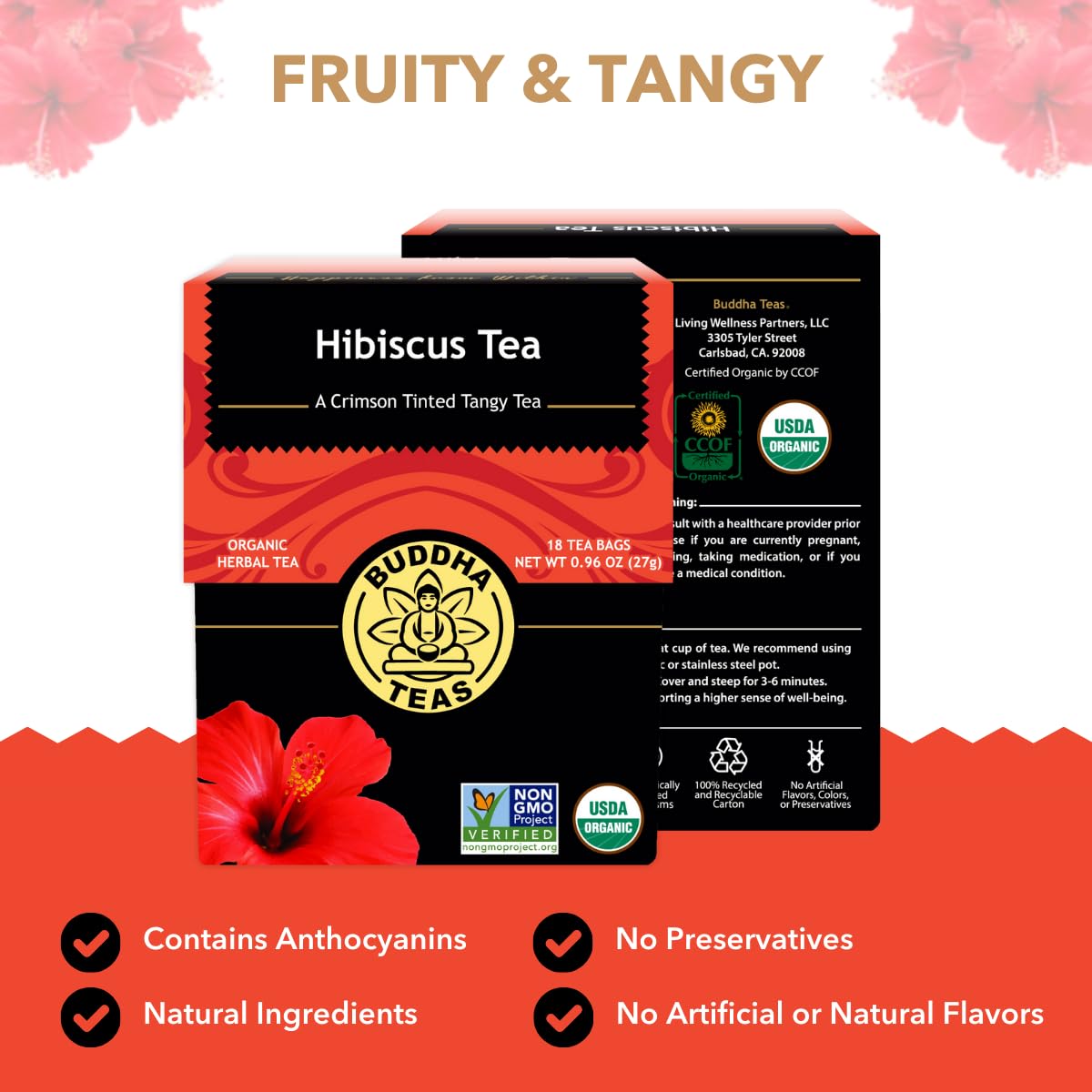 Buddha Teas Hibiscus brewed cup shows deep crimson color and fresh aroma