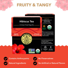 Buddha Teas Hibiscus brewed cup shows deep crimson color and fresh aroma
