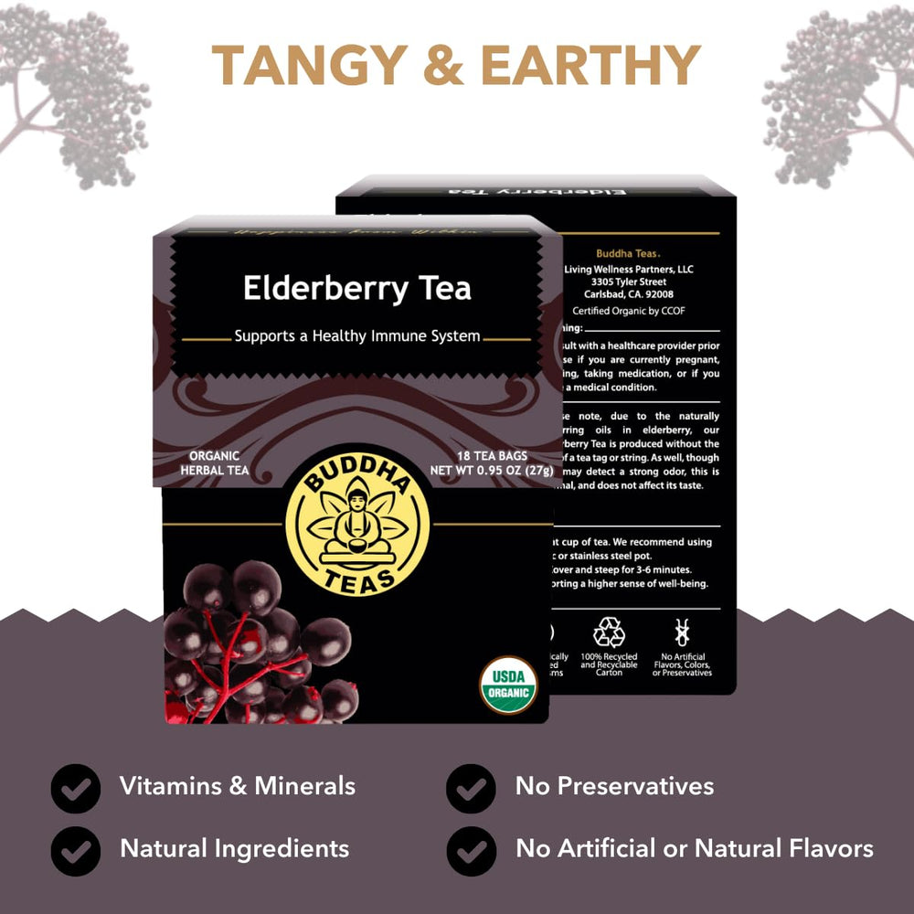 Buddha Teas No caffeine Elderberry Tea emphasizes a caffeine-free infusion