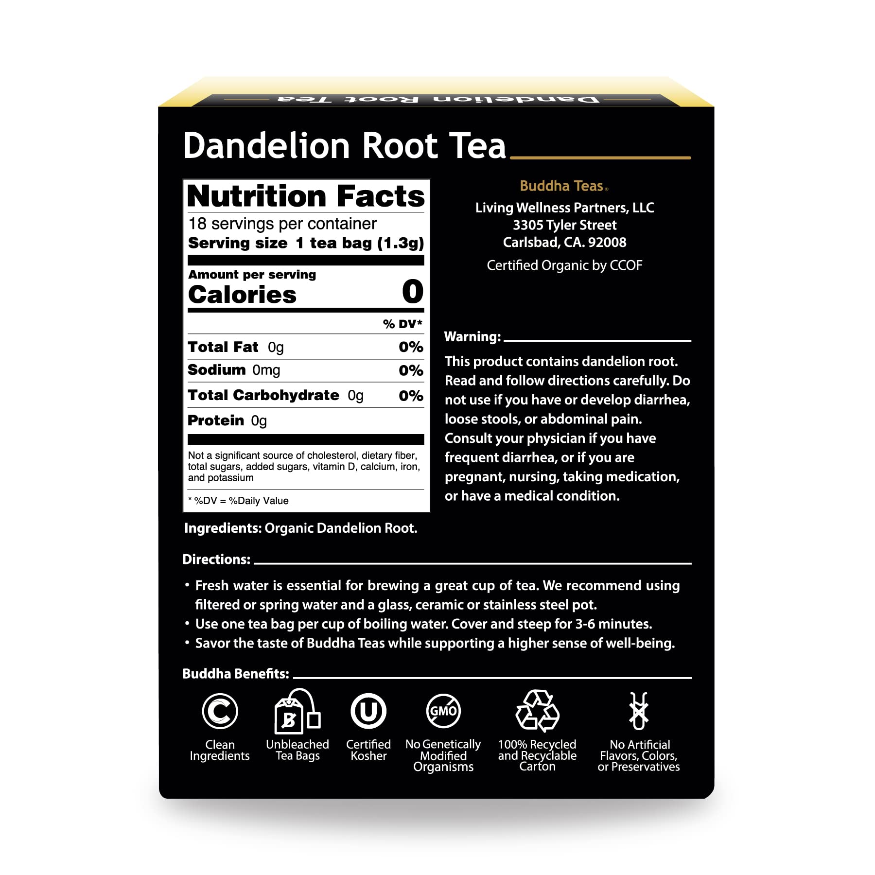 Buddha Teas Organic Dandelion Root Tea bag close-up, showcasing natural ingredients.