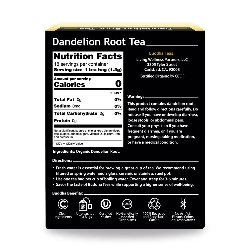 Buddha Teas Organic Dandelion Root Tea bag close-up, showcasing natural ingredients.