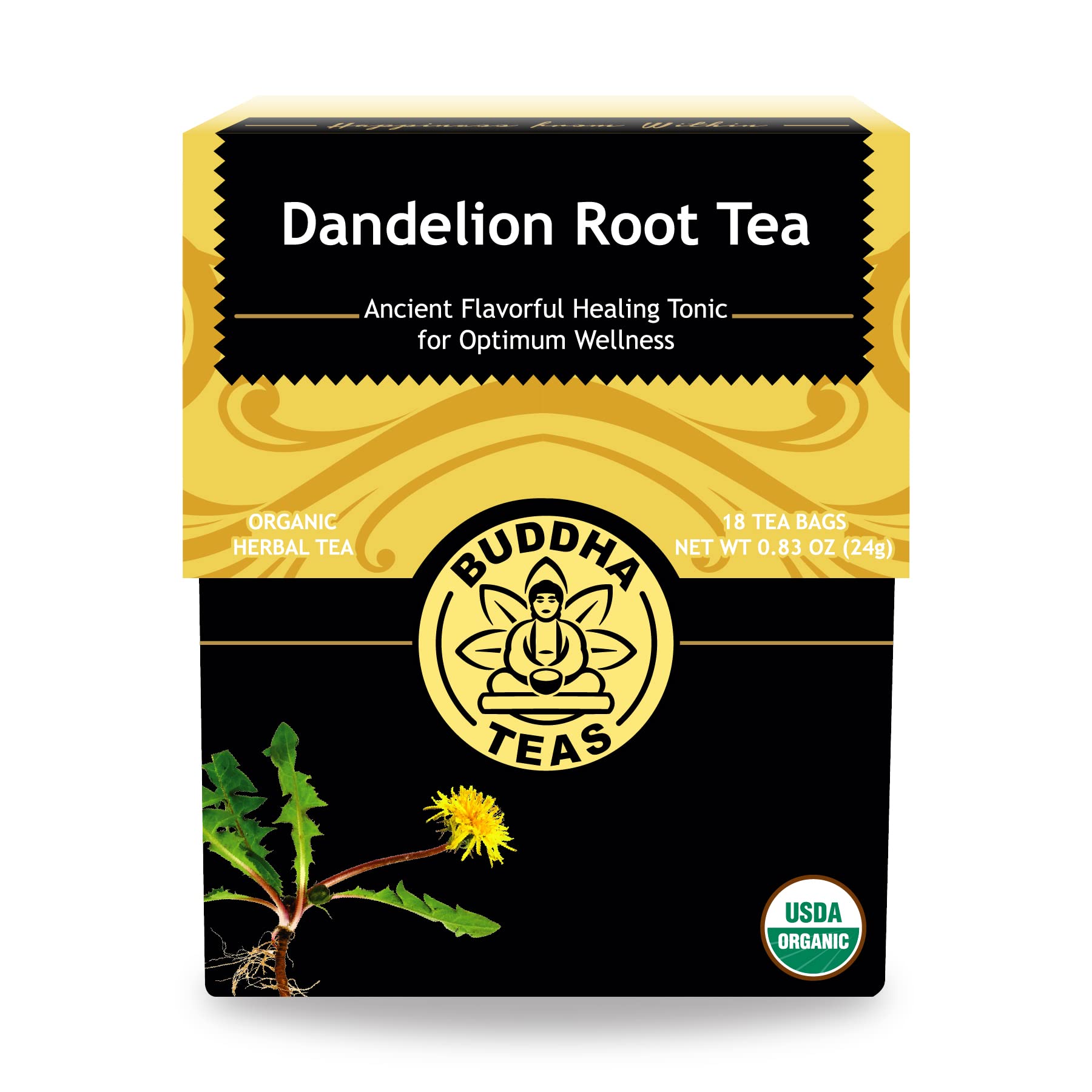 Buddha Teas Organic Dandelion Root Tea bag for a caffeine-free evening ritual.