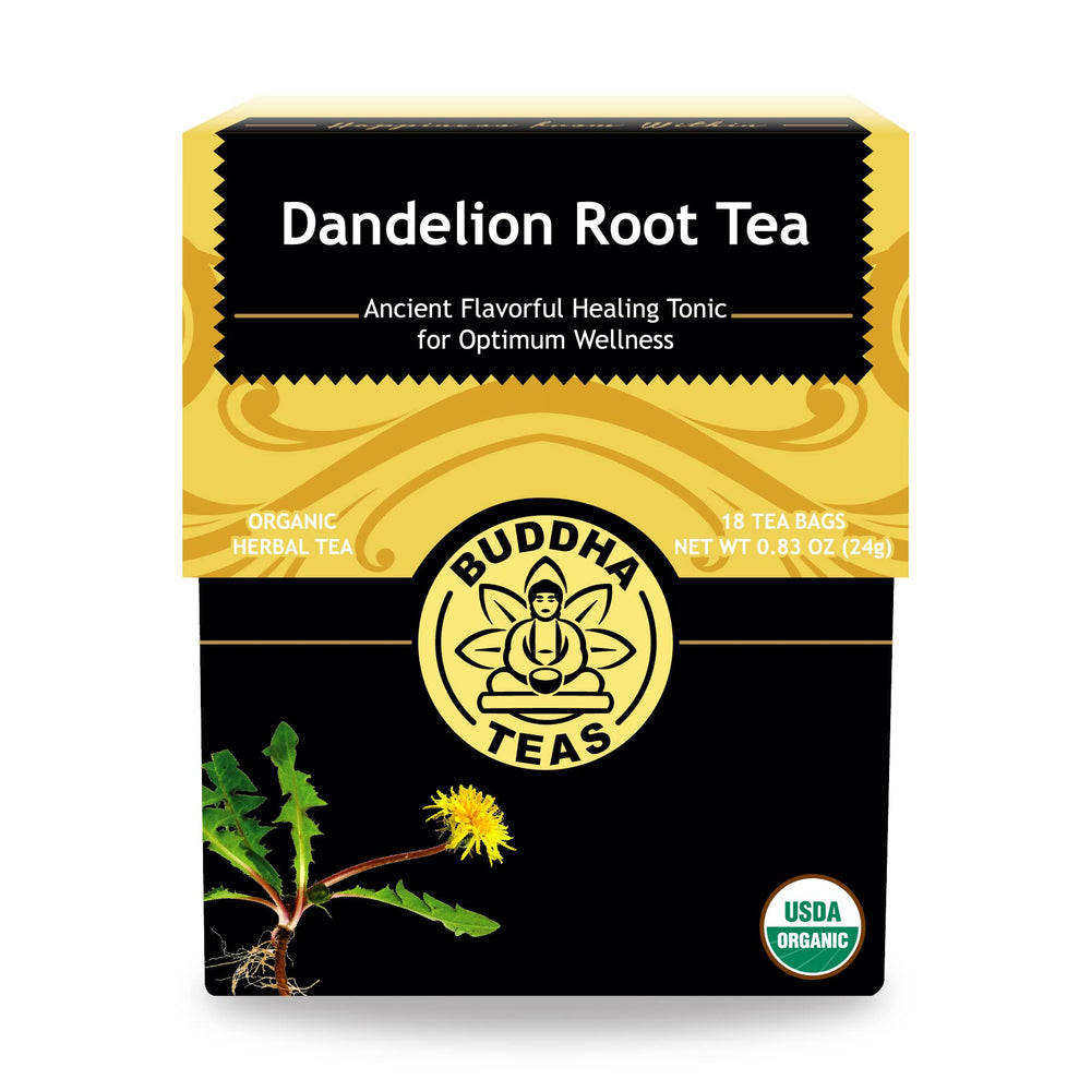 Buddha Teas Organic Dandelion Root Tea bag for a caffeine-free evening ritual.