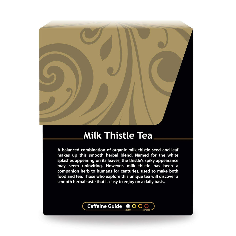 Buddha Teas Organic Milk Thistle Tea packaging on a clean kitchen counter.