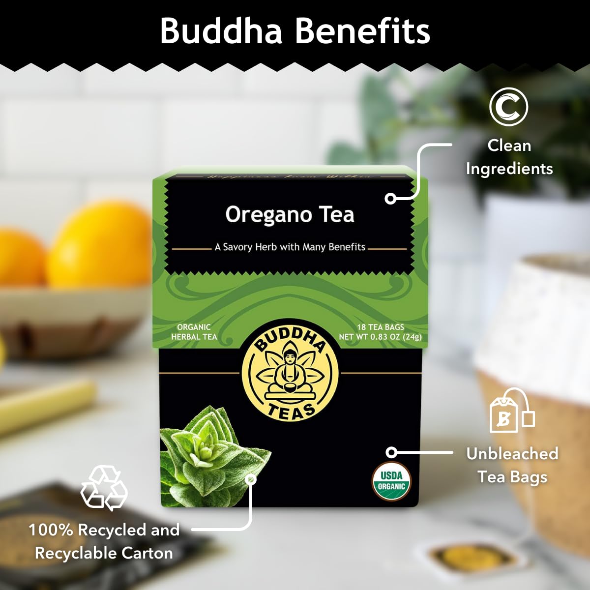 Buddha Teas Organic Oregano Tea ingredients panel emphasizes natural, additive-free blend.