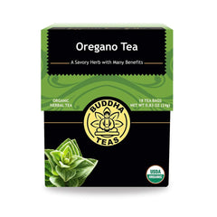 Buddha Teas Organic Oregano Tea packaging highlights organic, non-GMO credentials.