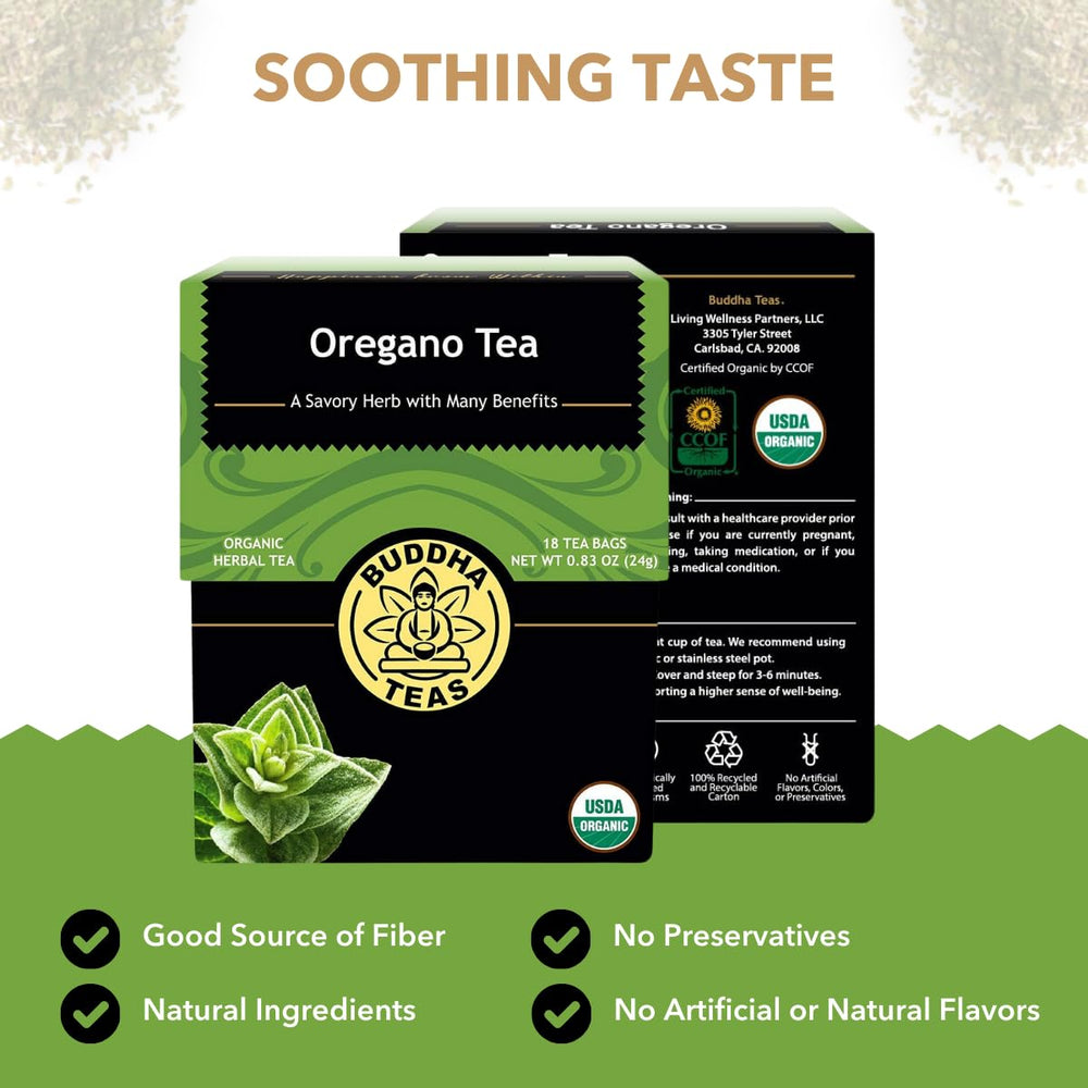 Buddha Teas Organic Oregano Tea tea bag steeping for a flavorful brew.