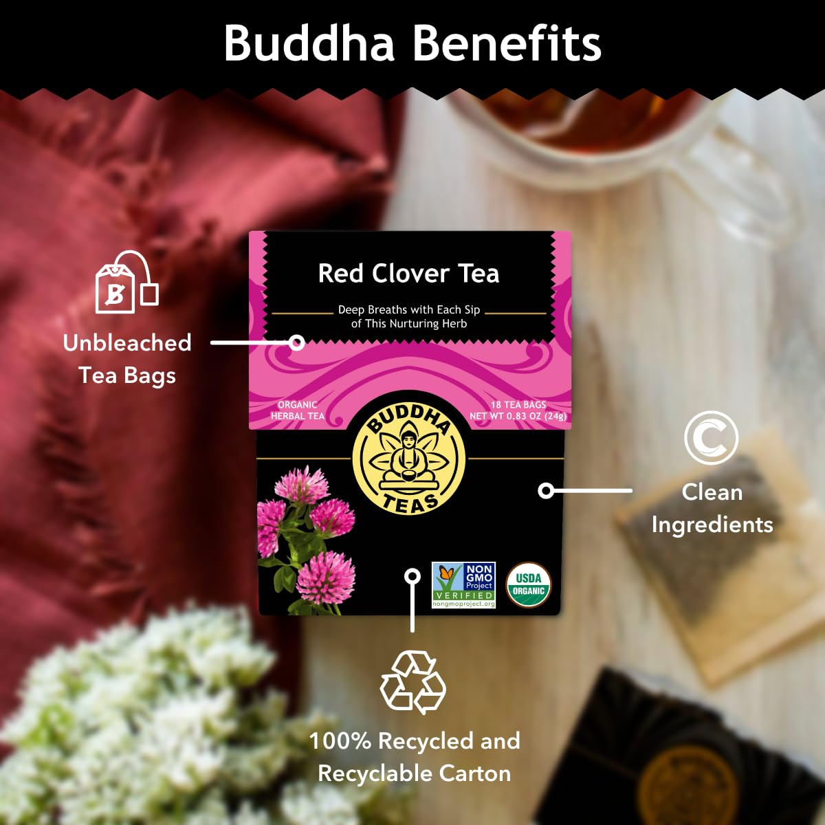 Buddha Teas Organic Red Clover Tea label with OU Kosher and USDA Organic seals.