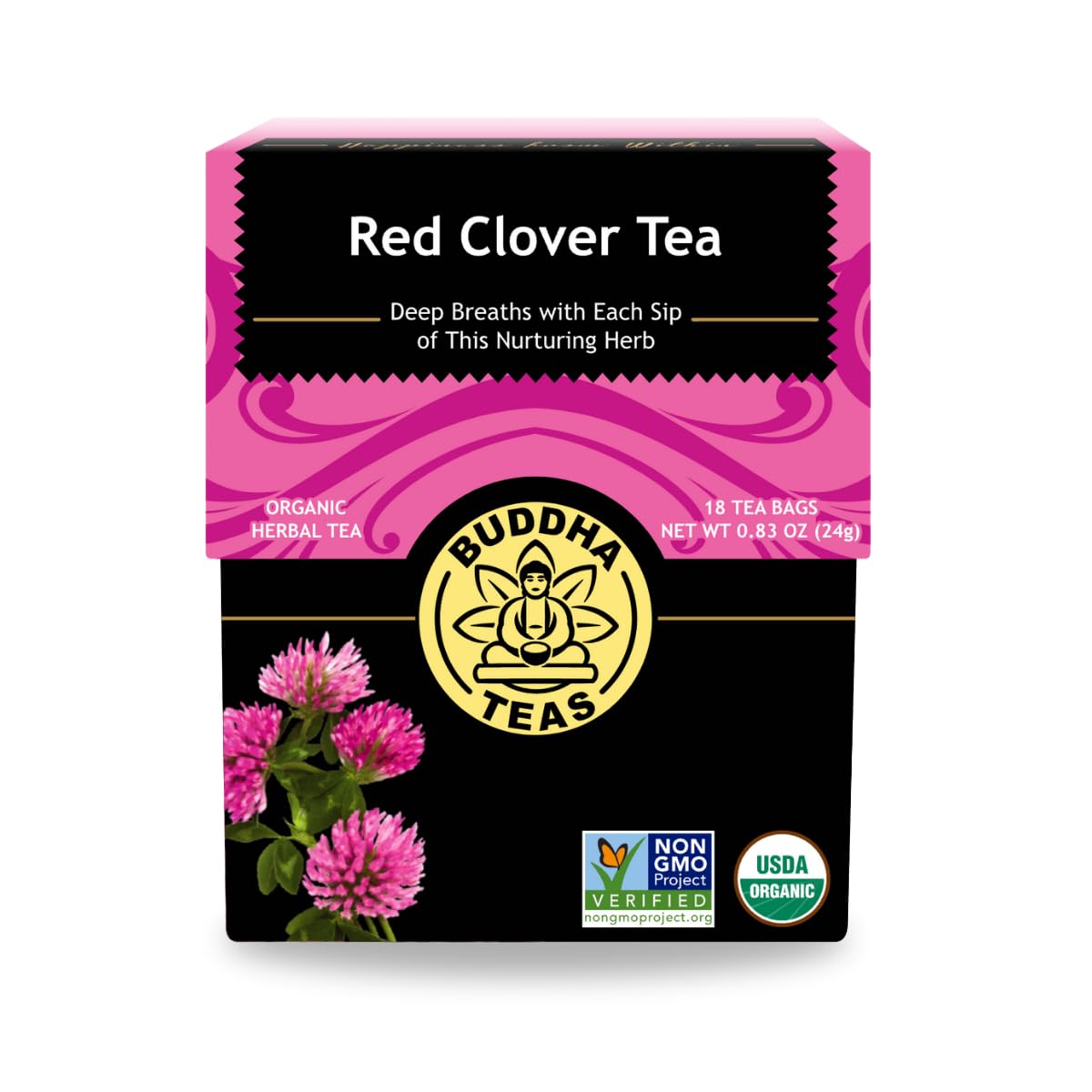 Buddha Teas Red Clover Tea bags packaging, caffeine-free herbal option.