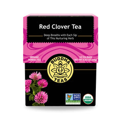 Buddha Teas Red Clover Tea bags packaging, caffeine-free herbal option.