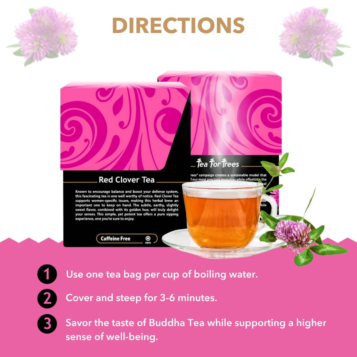 Buddha Teas Red Clover Tea cup ready to sip.