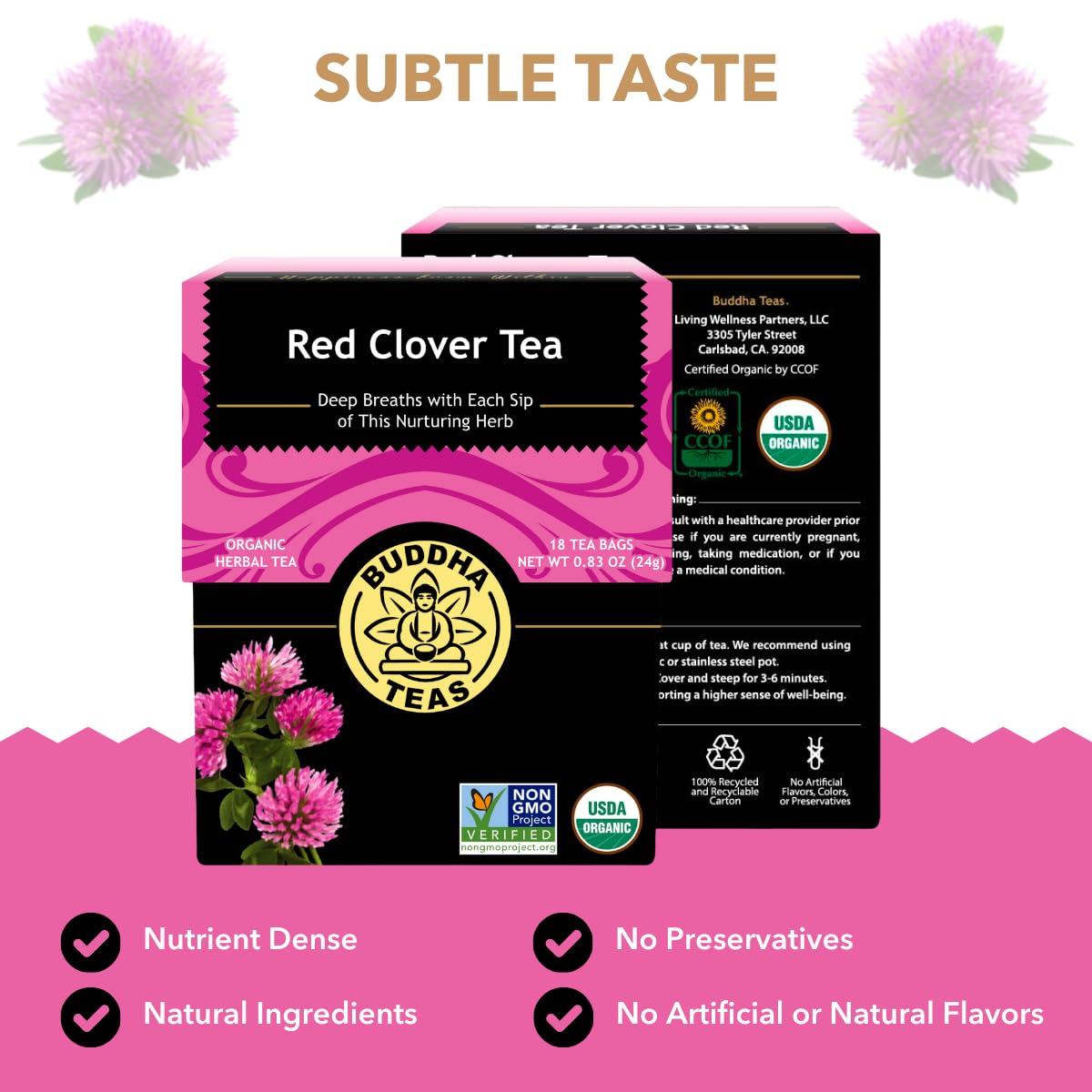 Buddha Teas Red Clover flower close-up, natural floral notes.